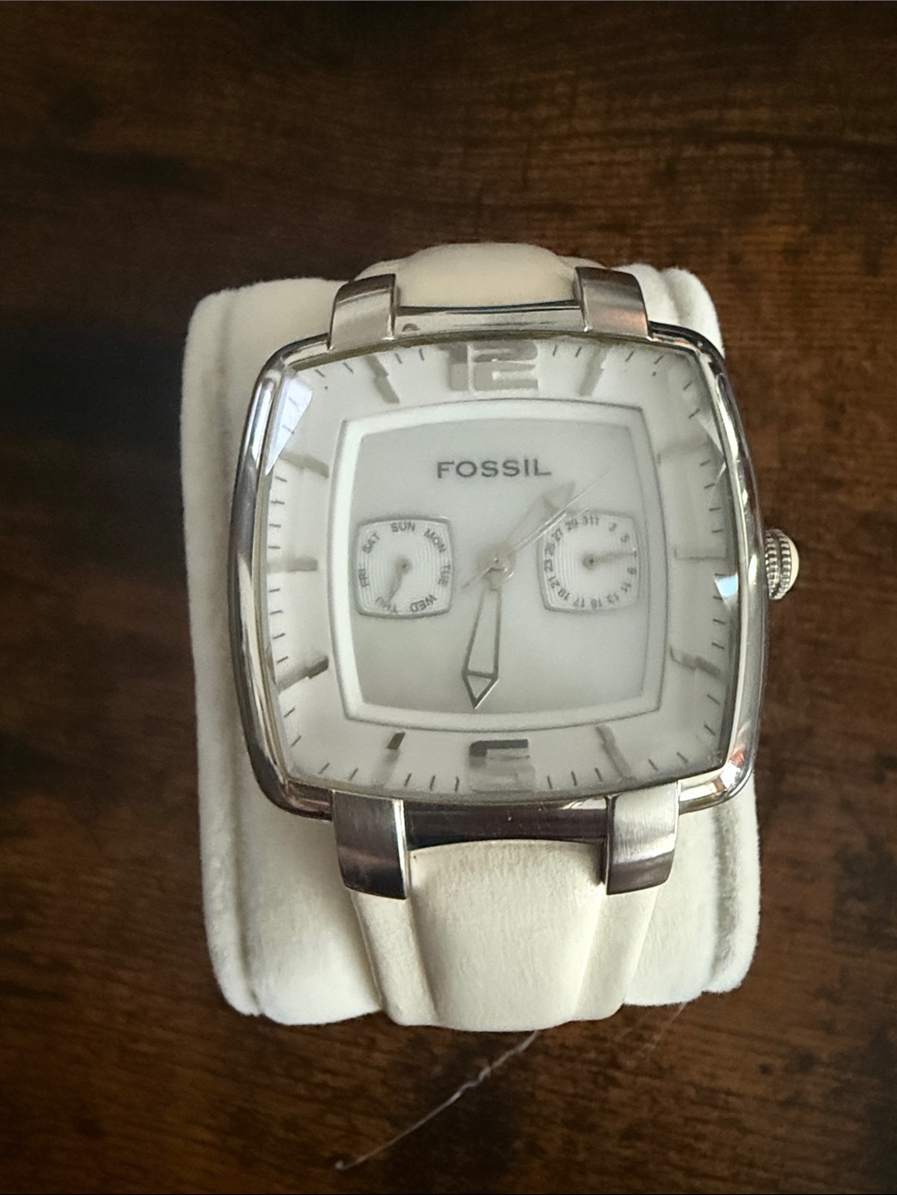 Fossil White Dial and White Leather Strap Square Watch